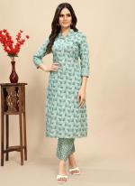 Pure Cotton Light Blue Casual Wear Printed Readymade Kurta Trouser Set